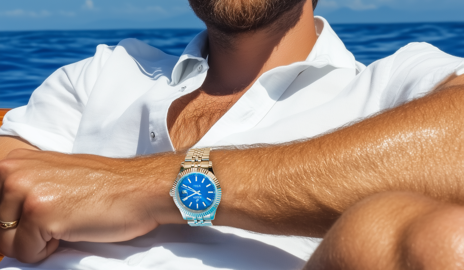 men on a boat wearing a blue dial watch with silver stainless steel bracelet