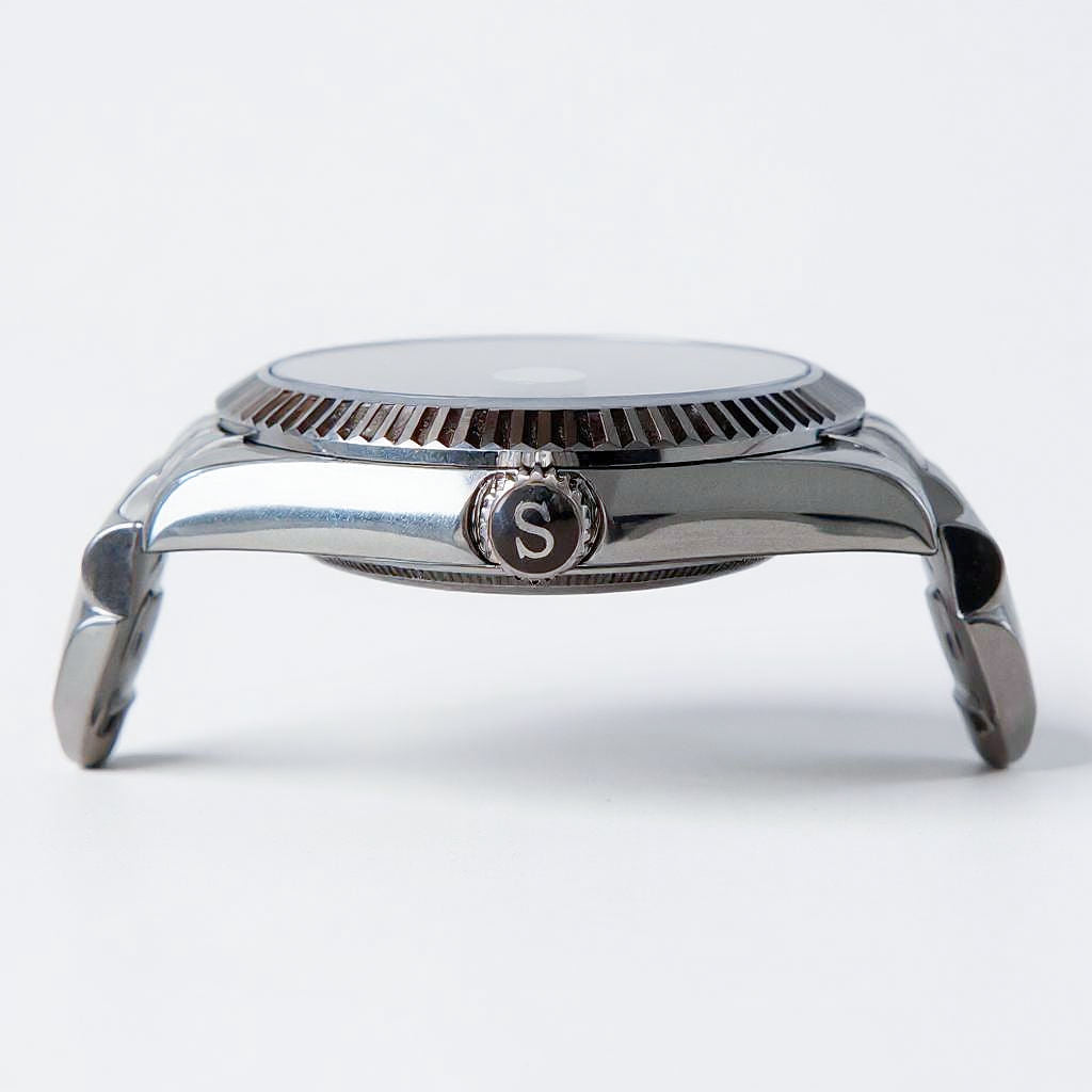 Silver watch case with brand logo on a white background