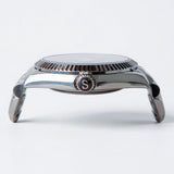 Silver watch case with brand logo on a white background