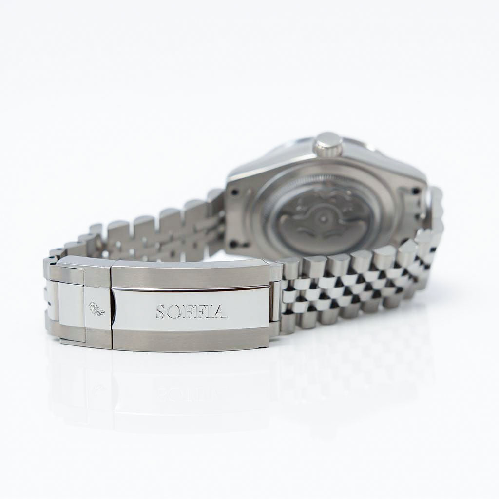 Silver watch with a visible brand logo on a white background