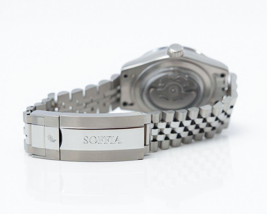 Silver watch with a visible brand logo on a white background